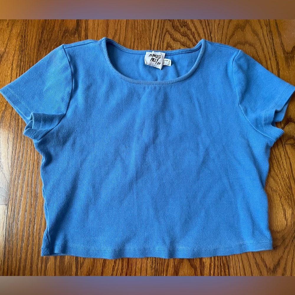Princess Polly Size 12 Short Sleeve Crop Top Tshirt Solid Slim Fitted Women Blue